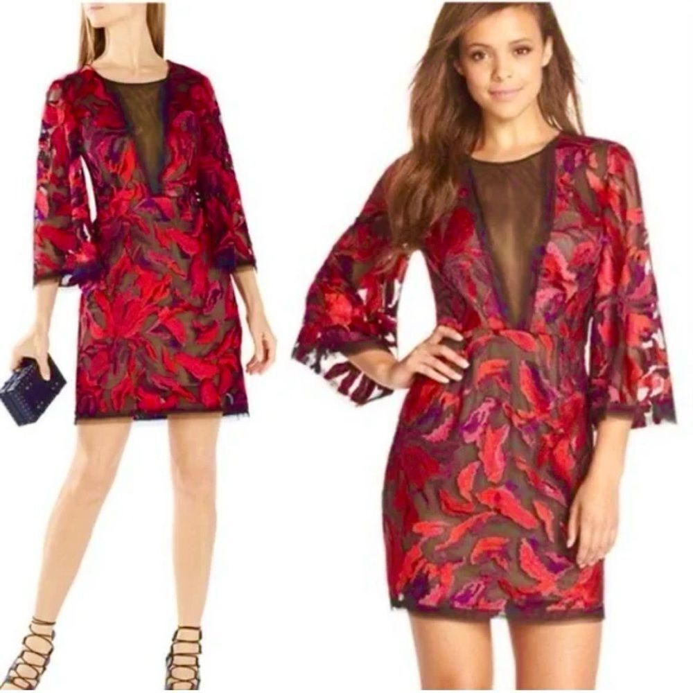 BCBGMaxazria YASMYN Ruby Combo Embroidered Floral  Mesh Plunge Mini Dress
